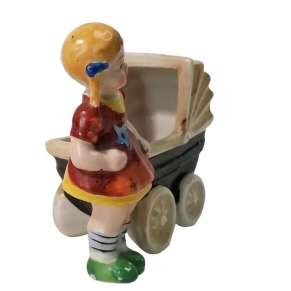 Vintage Ceramic Planter Hand Painted Girl With Pram Figurine Made In Japan Baby - Picture 2 of 6
